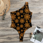 Black And Orange Spider Web Print One Shoulder Bodysuit