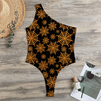 Black And Orange Spider Web Print One Shoulder Bodysuit