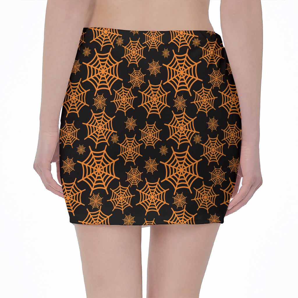 Black And Orange Spider Web Print Pencil Mini Skirt
