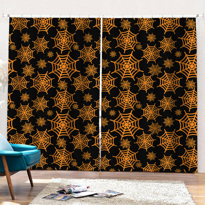 Black And Orange Spider Web Print Pencil Pleat Curtains