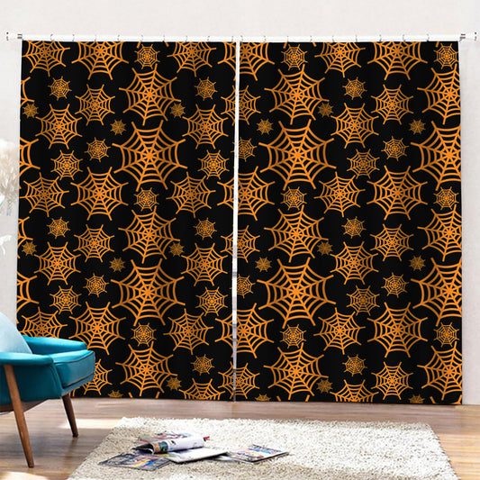 Black And Orange Spider Web Print Pencil Pleat Curtains