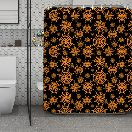 Black And Orange Spider Web Print Polyester Shower Curtain