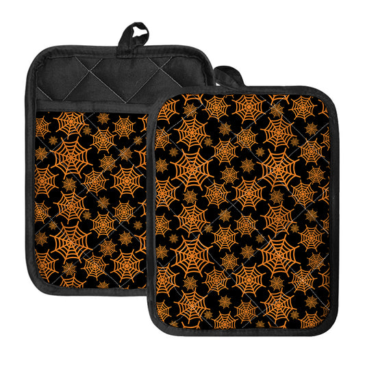 Black And Orange Spider Web Print Pot Holders With Pocket