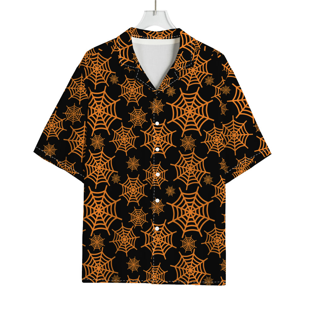Black And Orange Spider Web Print Rayon Hawaiian Shirt