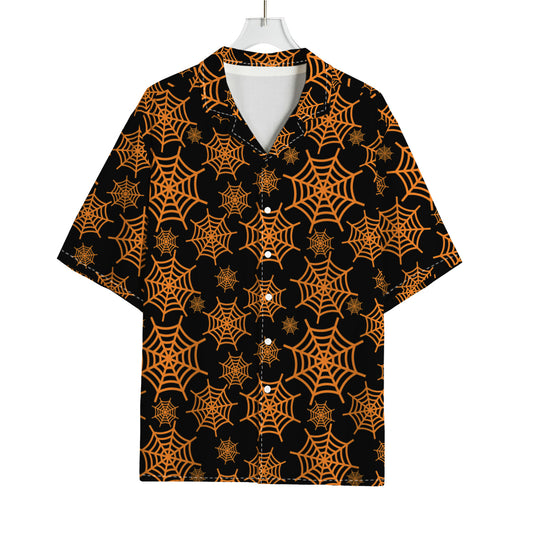 Black And Orange Spider Web Print Rayon Hawaiian Shirt