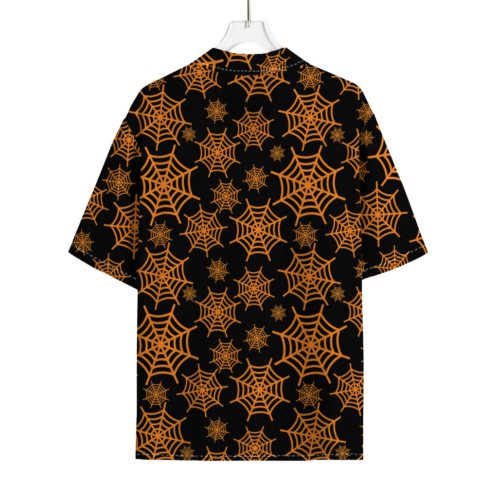 Black And Orange Spider Web Print Rayon Hawaiian Shirt