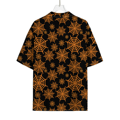 Black And Orange Spider Web Print Rayon Hawaiian Shirt