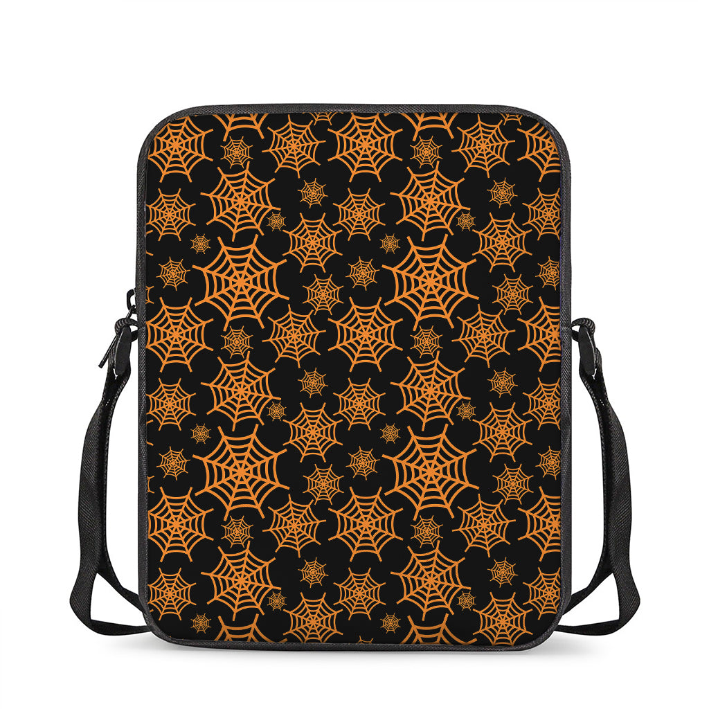 Black And Orange Spider Web Print Rectangular Crossbody Bag