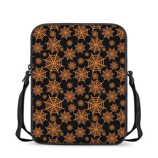 Black And Orange Spider Web Print Rectangular Crossbody Bag