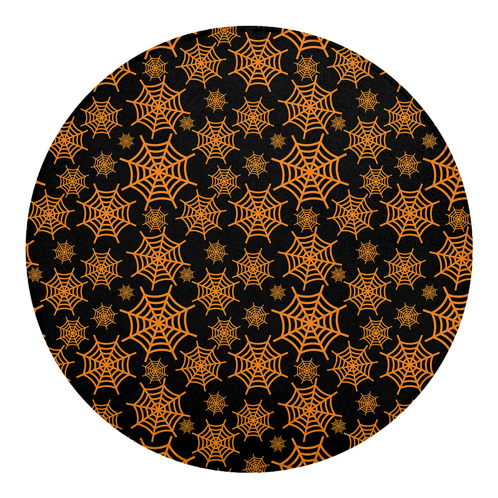 Black And Orange Spider Web Print Round Blanket