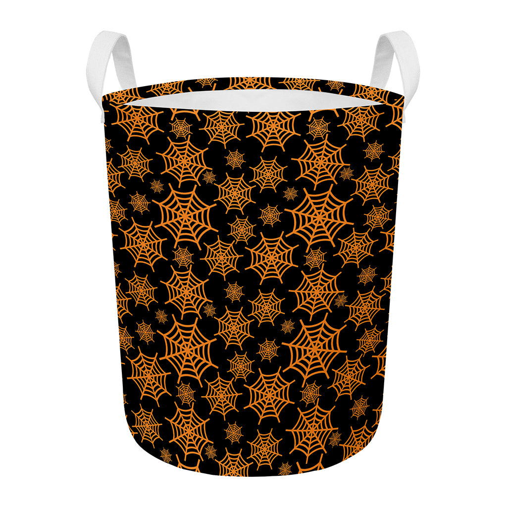 Black And Orange Spider Web Print Round Laundry Basket