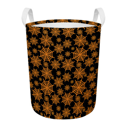 Black And Orange Spider Web Print Round Laundry Basket