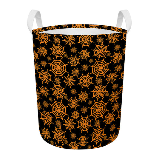 Black And Orange Spider Web Print Round Laundry Basket