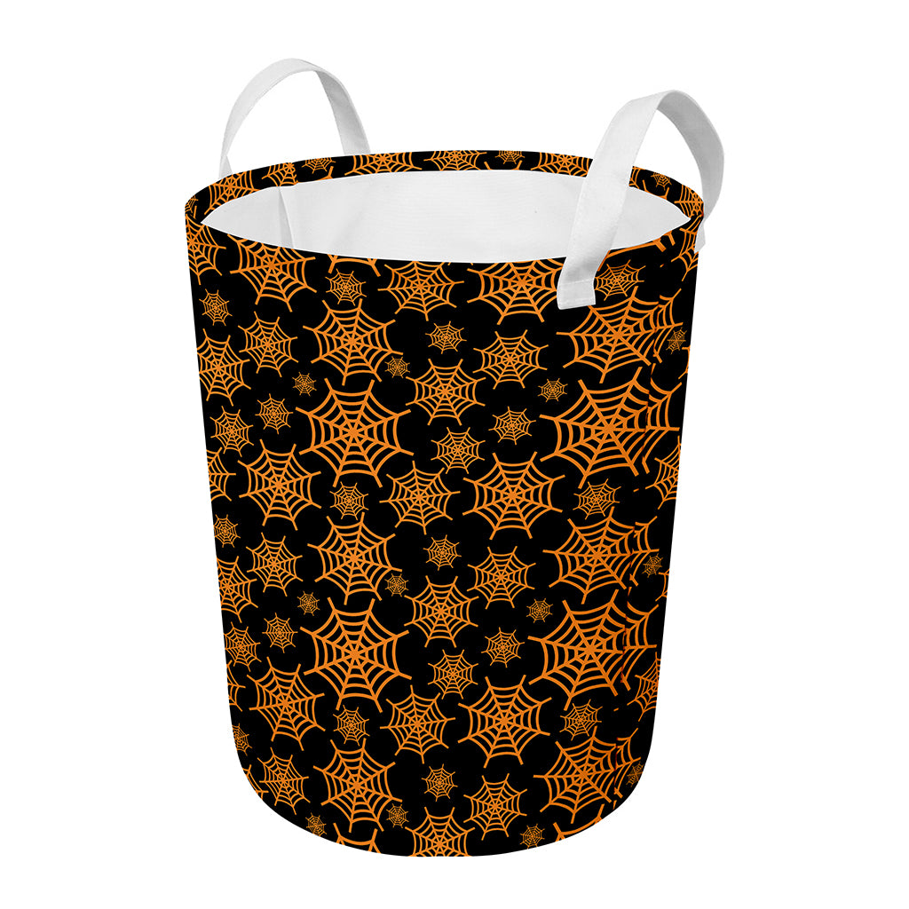 Black And Orange Spider Web Print Round Laundry Basket