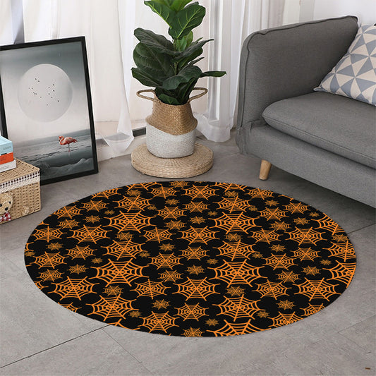 Black And Orange Spider Web Print Round Rug
