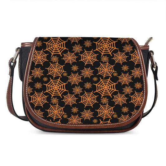 Black And Orange Spider Web Print Saddle Bag