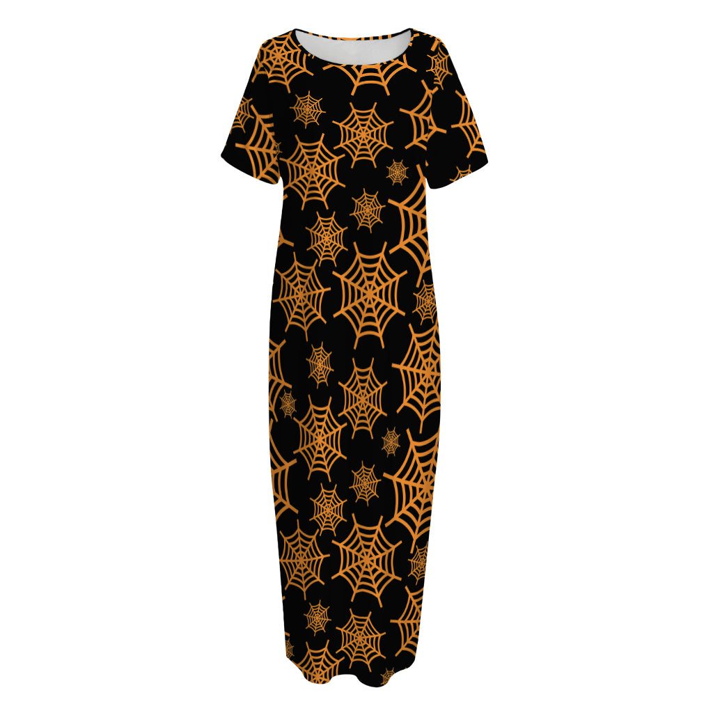 Black And Orange Spider Web Print Short Sleeve Long Nightdress