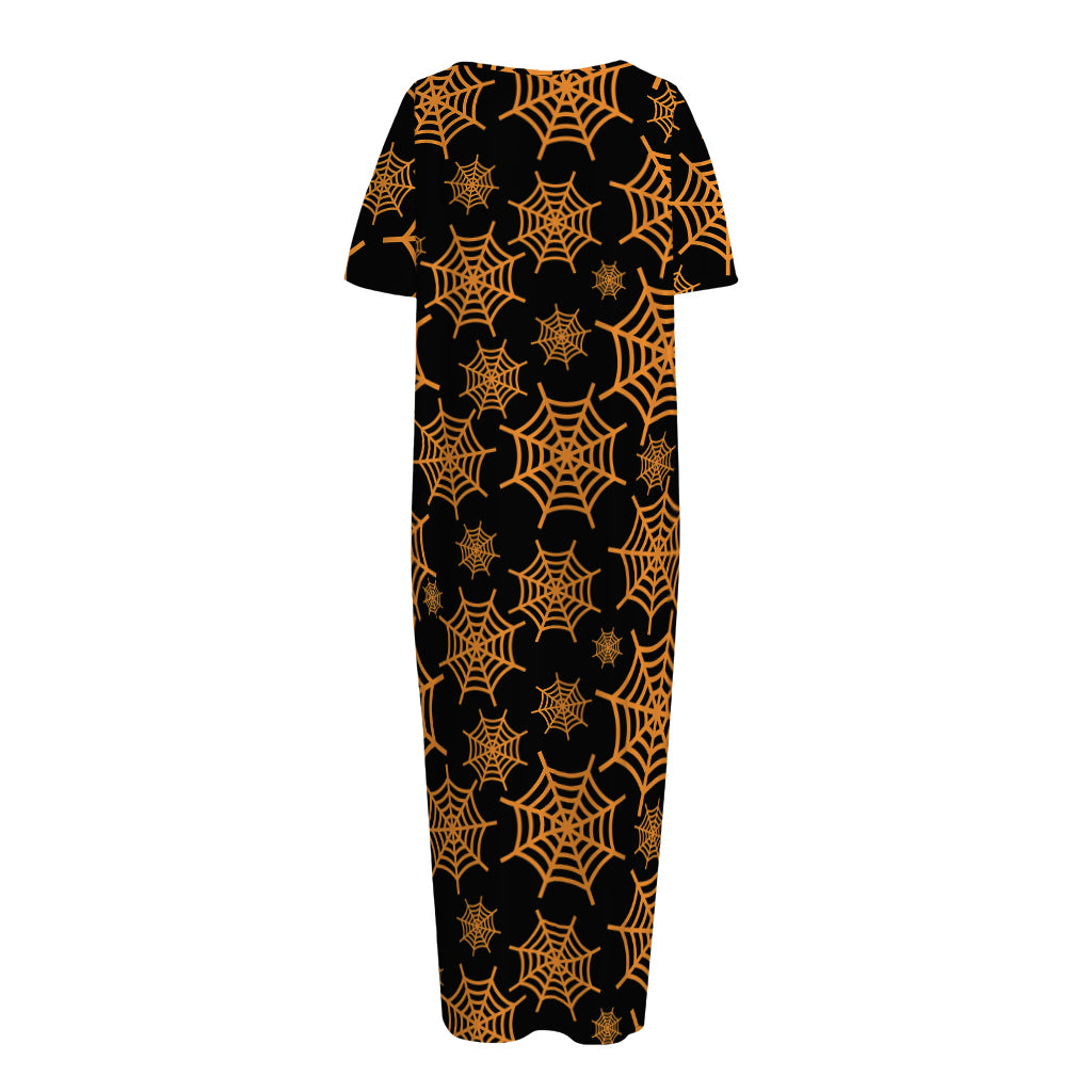 Black And Orange Spider Web Print Short Sleeve Long Nightdress