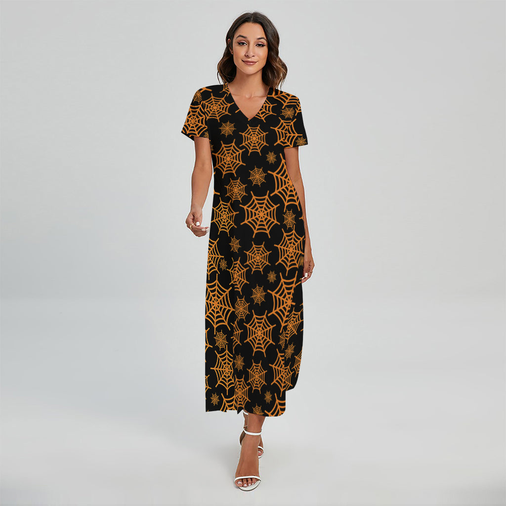 Black And Orange Spider Web Print Short Sleeve Maxi Dress