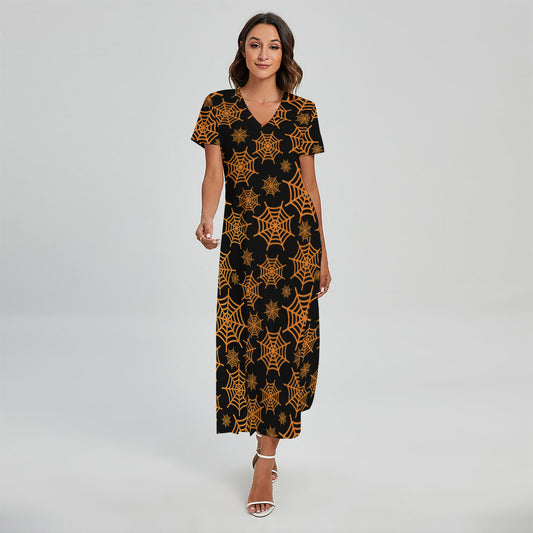Black And Orange Spider Web Print Short Sleeve Maxi Dress