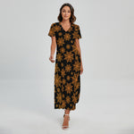 Black And Orange Spider Web Print Short Sleeve Maxi Dress