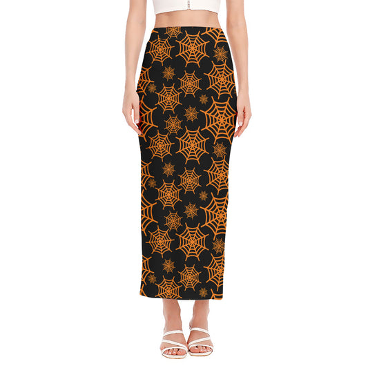 Black And Orange Spider Web Print Side Slit Maxi Skirt