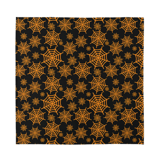 Black And Orange Spider Web Print Silk Bandana