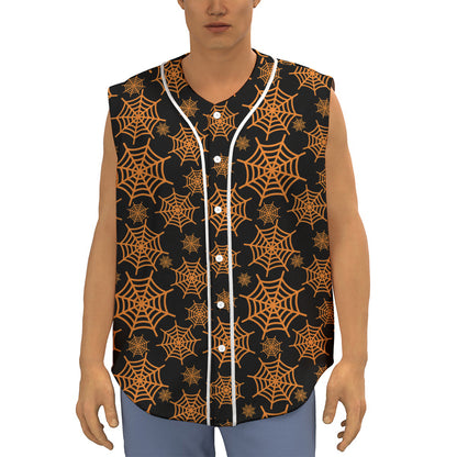 Black And Orange Spider Web Print Sleeveless Baseball Jersey