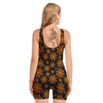 Black And Orange Spider Web Print Sleeveless One Piece Swimsuit