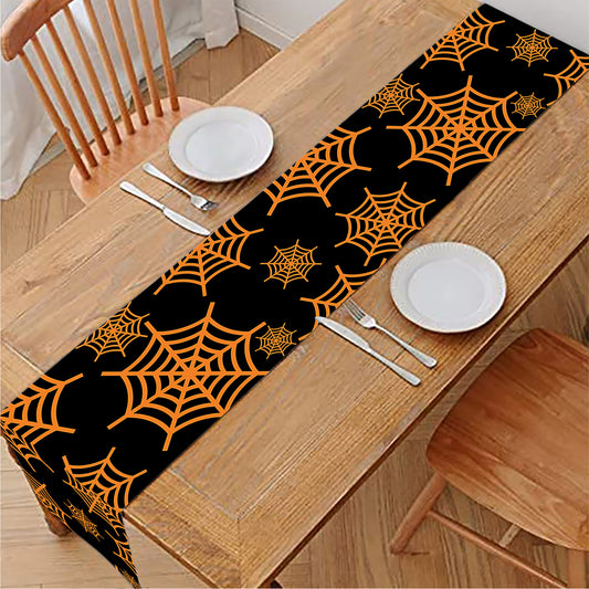 Black And Orange Spider Web Print Table Runner