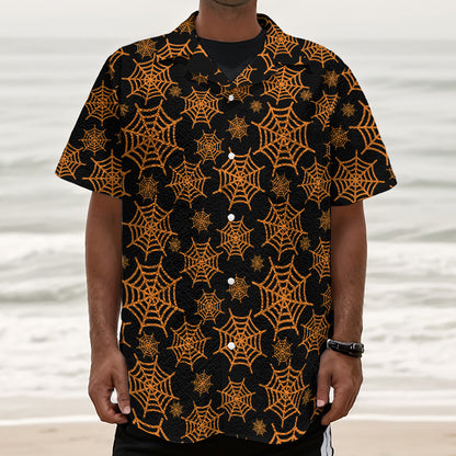 Black And Orange Spider Web Print Textured Short Sleeve Shirt
