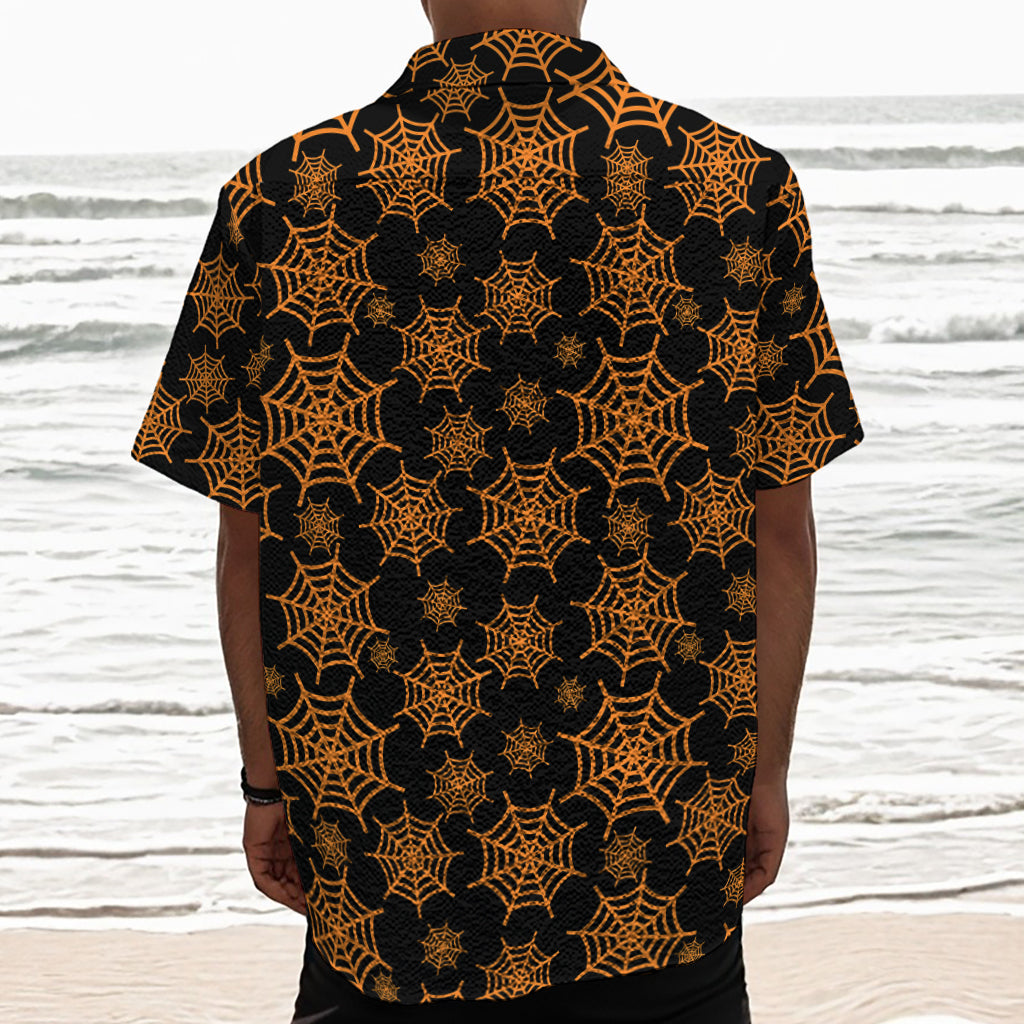 Black And Orange Spider Web Print Textured Short Sleeve Shirt