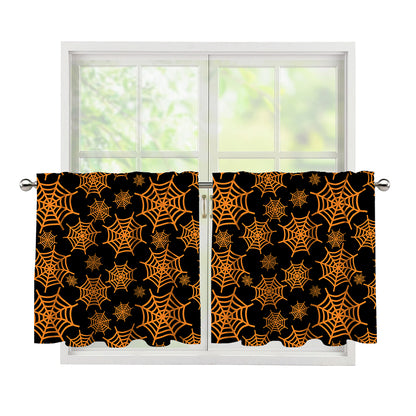 Black And Orange Spider Web Print Tier Curtains