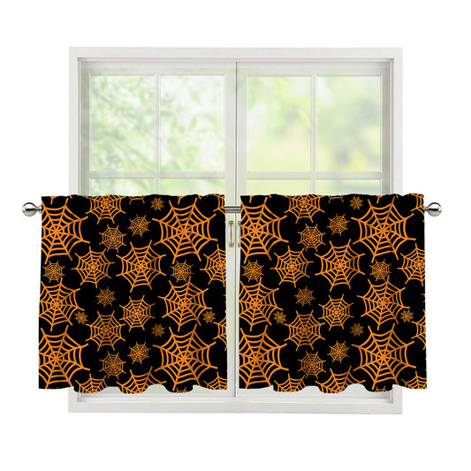 Black And Orange Spider Web Print Tier Curtains
