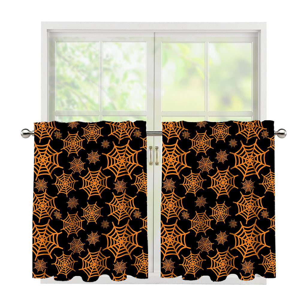 Black And Orange Spider Web Print Tier Curtains
