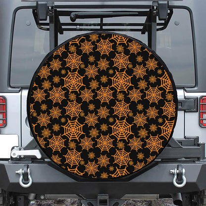 Black And Orange Spider Web Print Tire Cover
