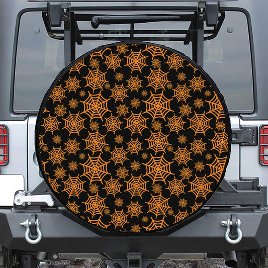 Black And Orange Spider Web Print Tire Cover