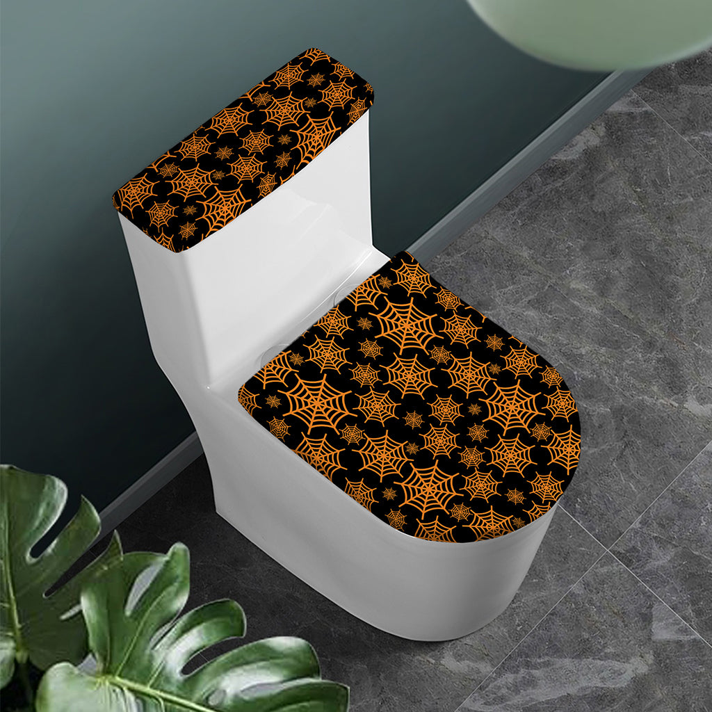 Black And Orange Spider Web Print Toilet Lid And Tank Cover Set