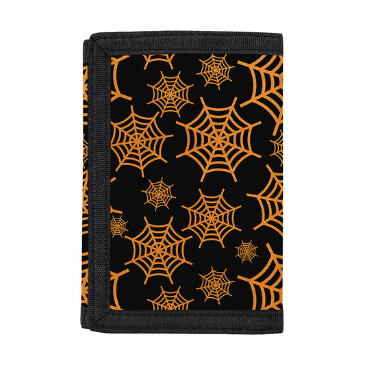 Black And Orange Spider Web Print Trifold Wallet