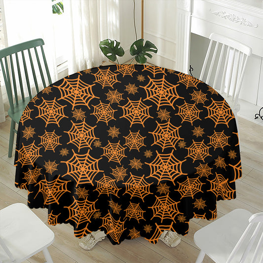 Black And Orange Spider Web Print Waterproof Round Tablecloth