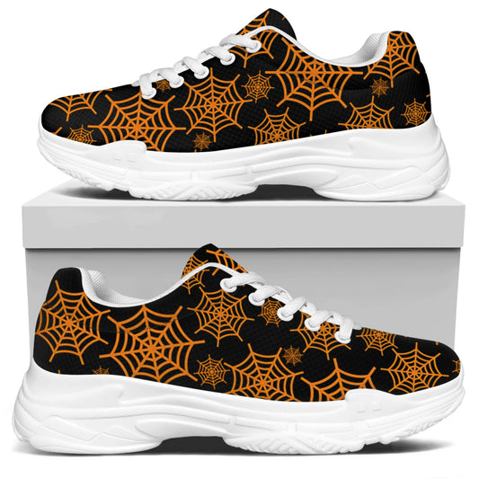 Black And Orange Spider Web Print White Chunky Shoes