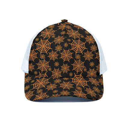 Black And Orange Spider Web Print White Mesh Trucker Cap
