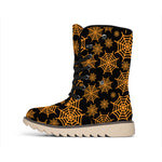 Black And Orange Spider Web Print Winter Boots