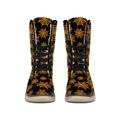 Black And Orange Spider Web Print Winter Boots