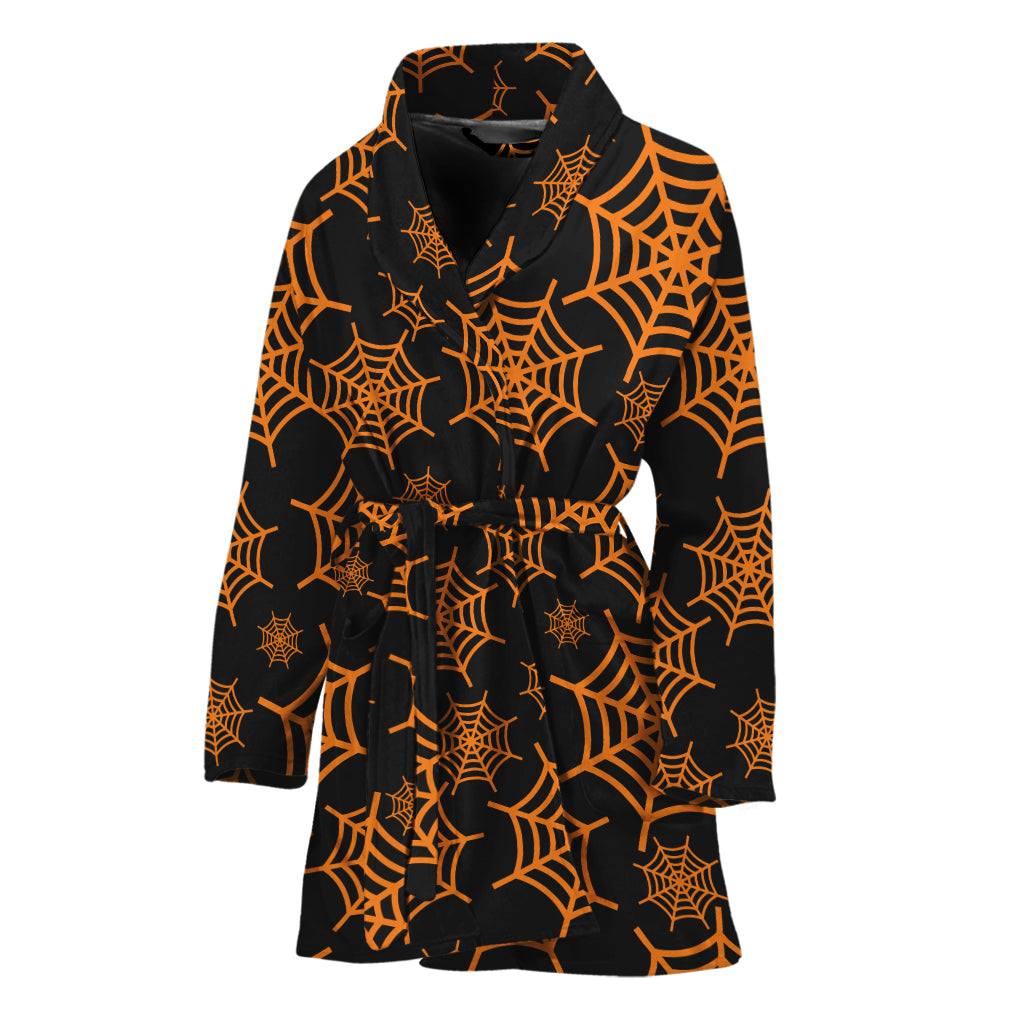 Black And Orange Spider Web Print Women's Bathrobe