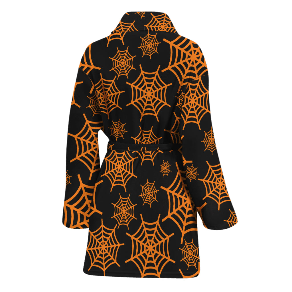 Black And Orange Spider Web Print Women's Bathrobe