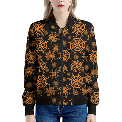 Black And Orange Spider Web Print Women's Bomber Jacket