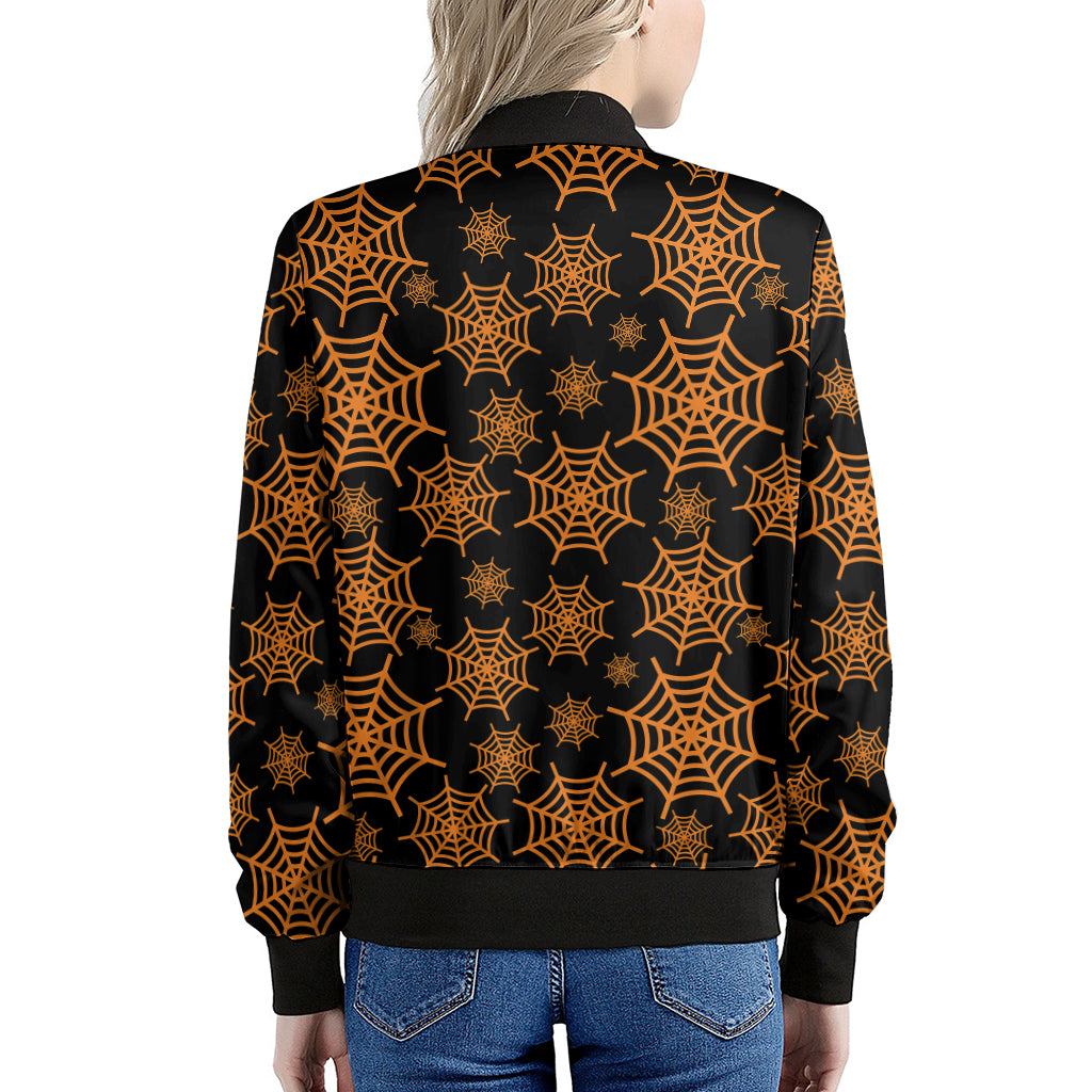 Black And Orange Spider Web Print Women's Bomber Jacket