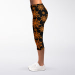 Black And Orange Spider Web Print Women's Capri Leggings
