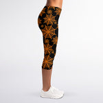 Black And Orange Spider Web Print Women's Capri Leggings